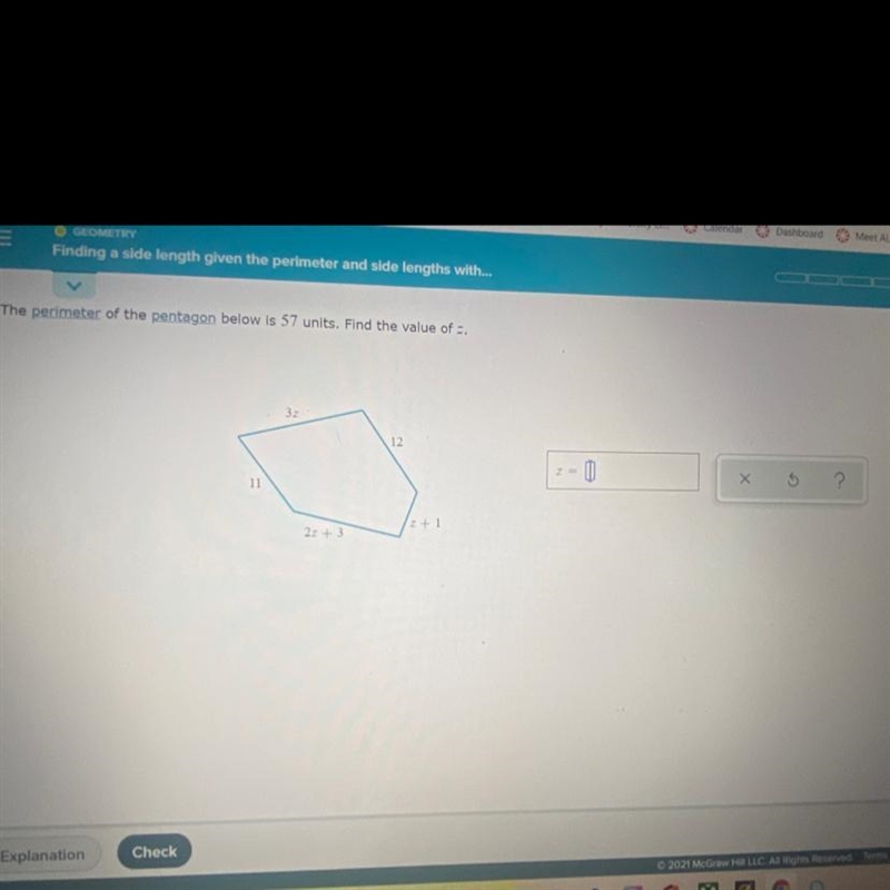 The perimeter of the Pentagon below is 57 units .Find the value of ZZ =-example-1