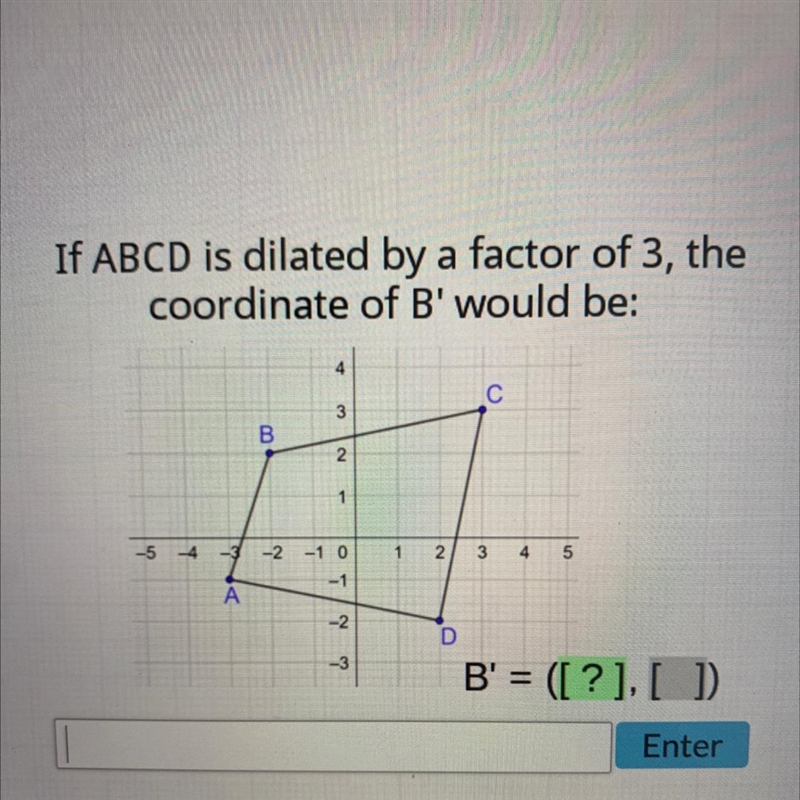 If ABCD is dilated by a factor of 3, thecoordinate of B' would be:4С3B.2-5-2 -1 0-4نما12.4 53-1A-example-1