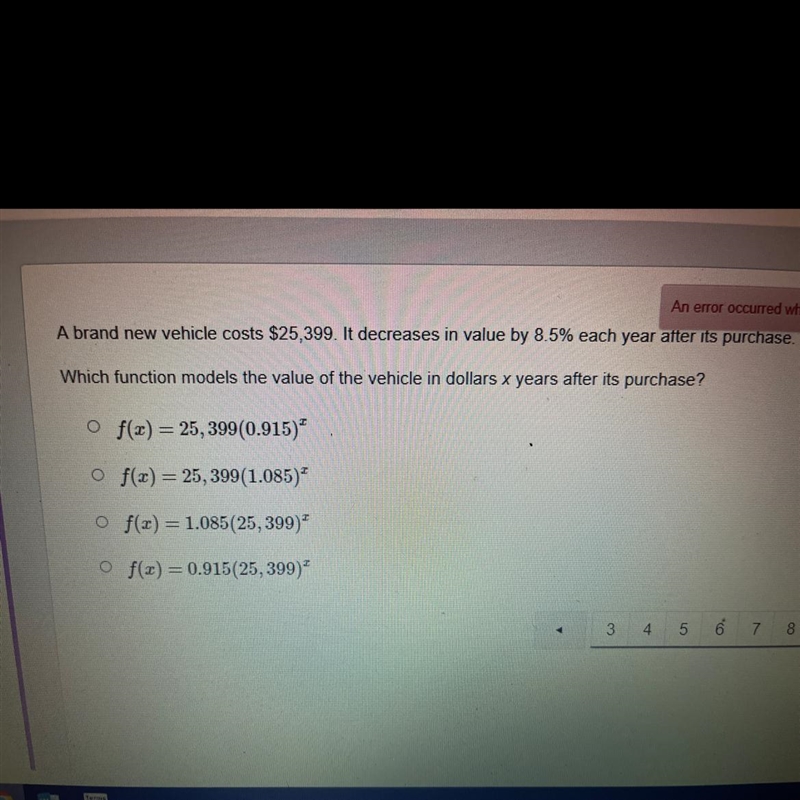 Which function models the value of the vehicle in dollars x years after its purchase-example-1