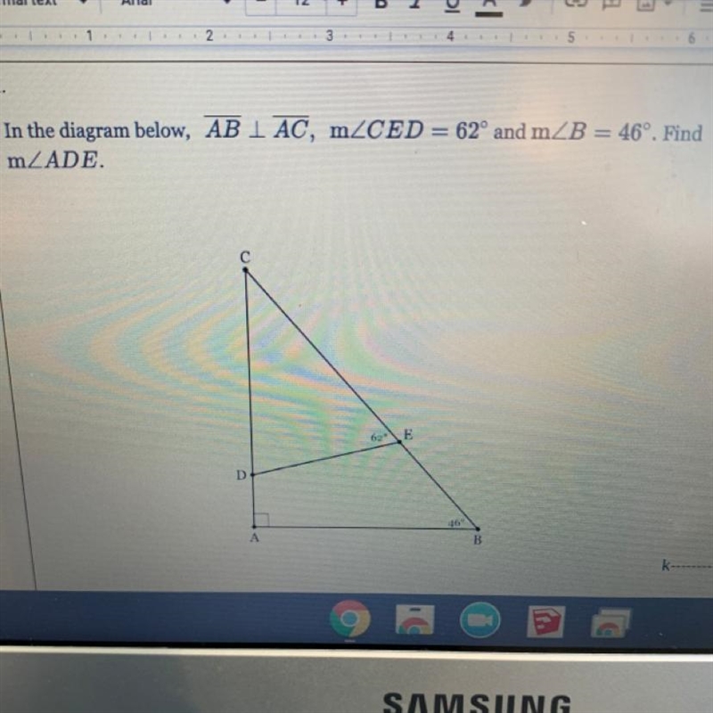 = In the diagram below, AB AC, CED = 62° and B = 46°. Find ADE. 62E-example-1