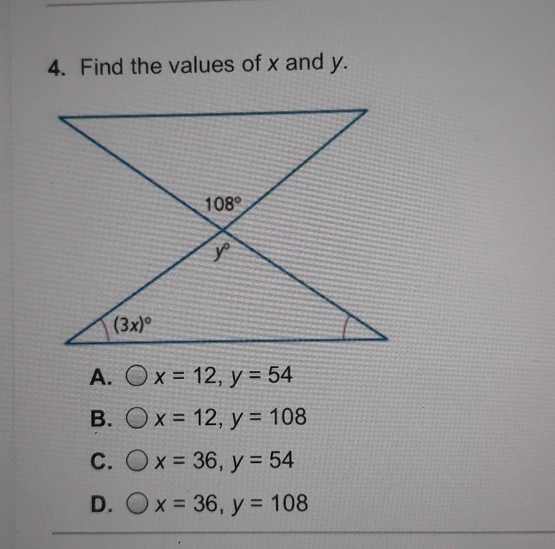 Can anyone help me with these questions 4. Find the values of x and yA. O x = 12, y-example-1