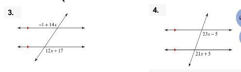 3) Alternate exterior angles = congruent = -1 + 14x = 12x + 17 4) Corresponding angles-example-1