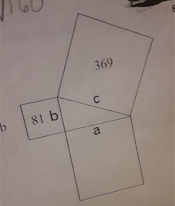 Find the area of the missing square off to leg b if the area of one square is 369 and-example-1