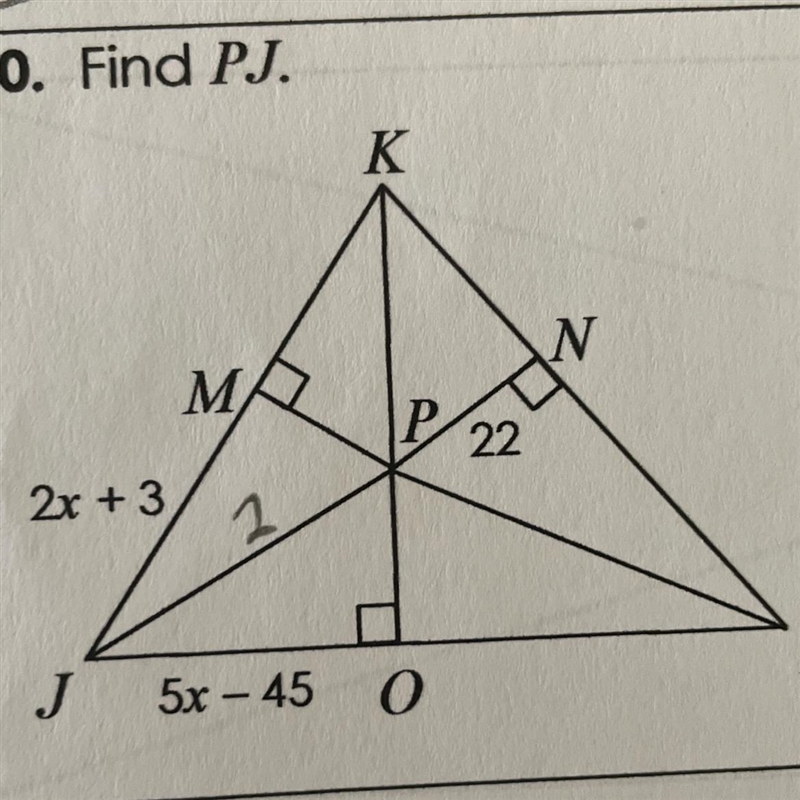 If P is the incenter of triangle JKL, find PJ-example-1