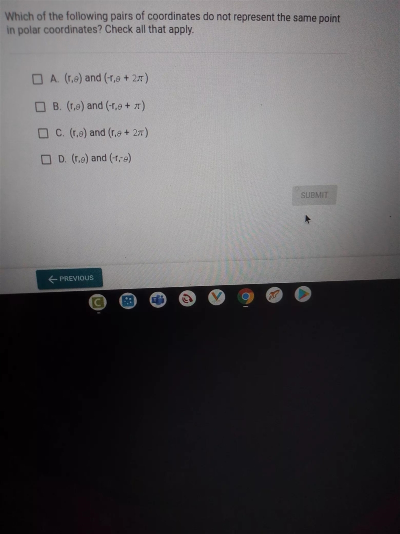 Which of the following pairs of coordinates do not represent the same point in polar-example-1