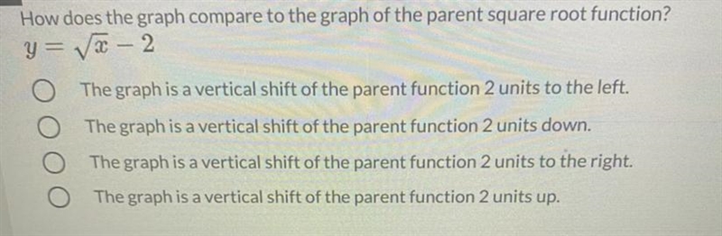 A.The graph is a vertical shift of the parent function 2 units to the left.B.The graph-example-1