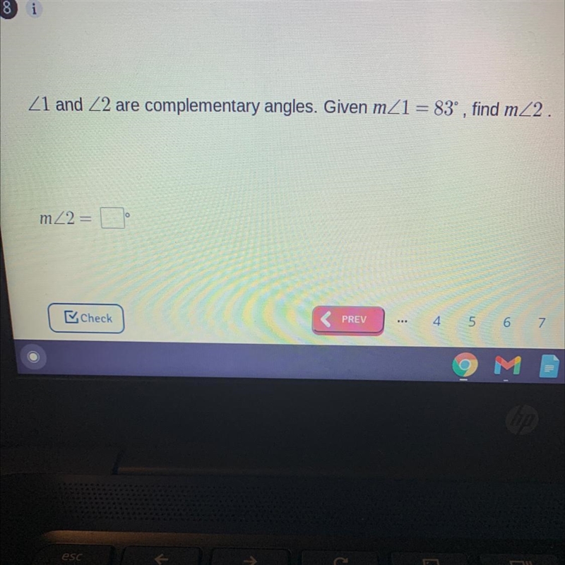 21 and 22 are complementary angles. Given mZ1 = 83º , find m22.10m22ok-example-1