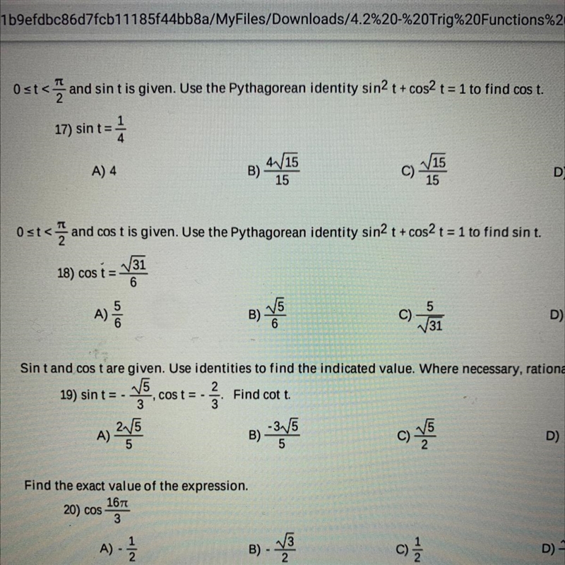 Ost< and cost is given. Use the Pythagorean identity sin2 t + cos2 t = 1 to find-example-1