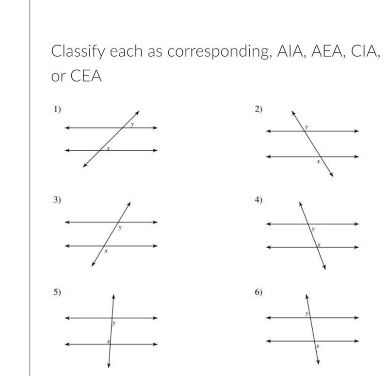 Classify each as corresponding, AIA, AEA, CIA, or CEA 1) 3) 5) X y 2) 4) ++-example-1