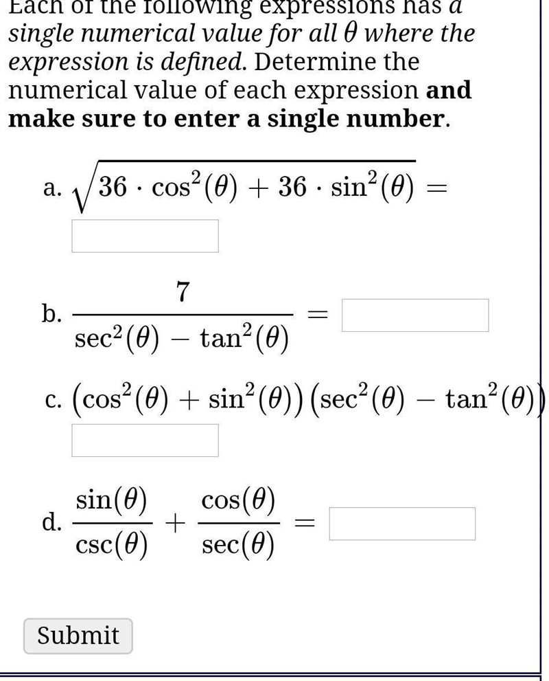 Each of the following expressions has a single numerical value for all θ where the-example-1