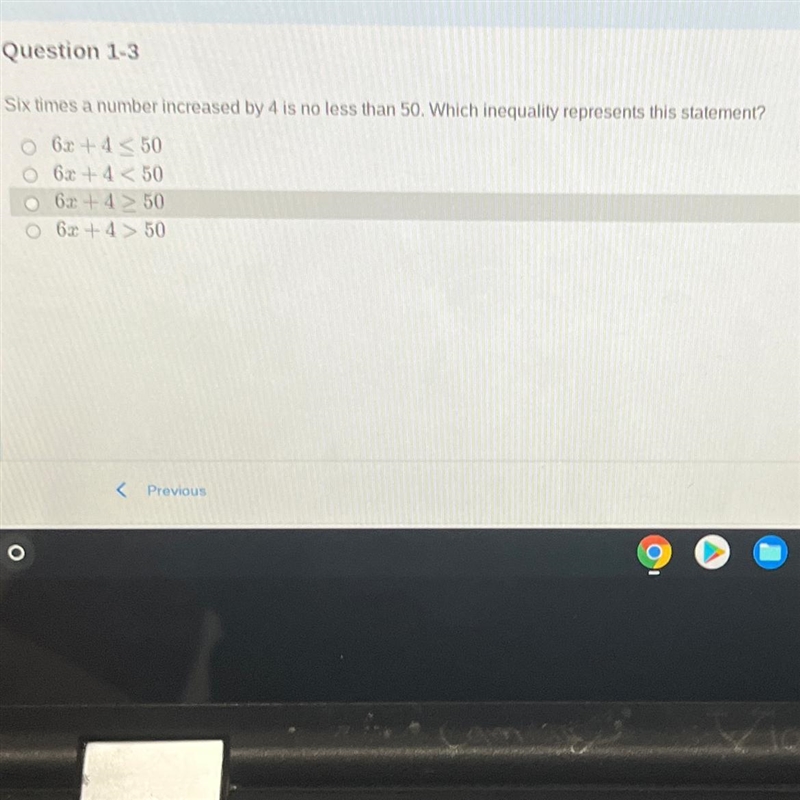 Six times a number increased by 4 is no less than 50. Which inequality represents-example-1