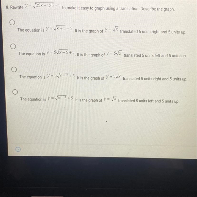 Rewrite y=sqrt(25x-125)+5 to make it easy to graph using a translation. describe the-example-1