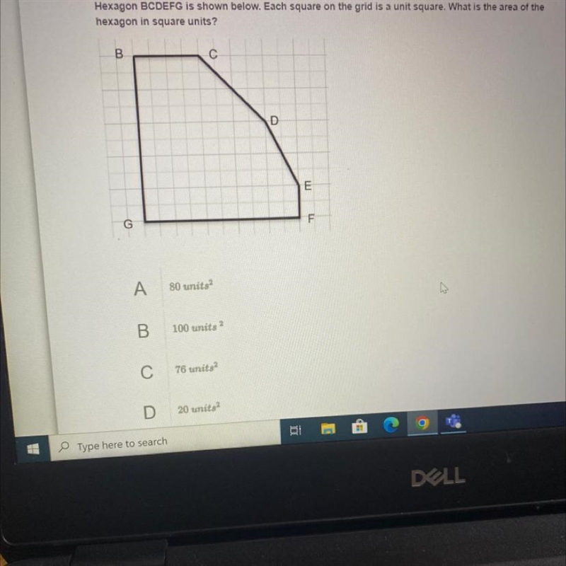 Hexagon BCDEFG is shown below. Each square on the grid is a unit square. What is the-example-1