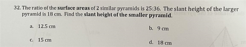 The ratio of the surface areas of 2 similar pyramids is 25:36. The slant height of-example-1