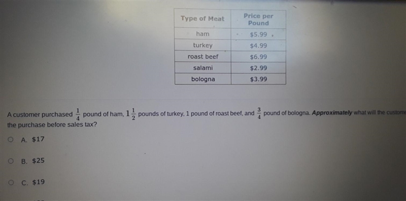 Approximately what will the customer pay for A customer purchased pound of ham, 1 pounds-example-1