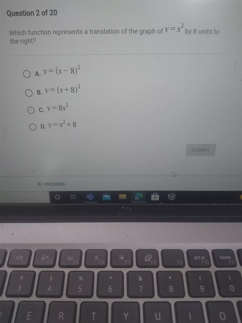 2 Which function represents a translation of the graph of 1 = x by 8 units to the-example-1