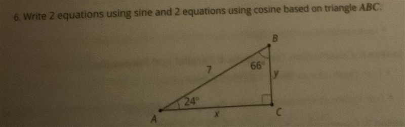 Write 2 sine and 2 cosine equations for the triangle ABC. You don’t need to solve-example-1