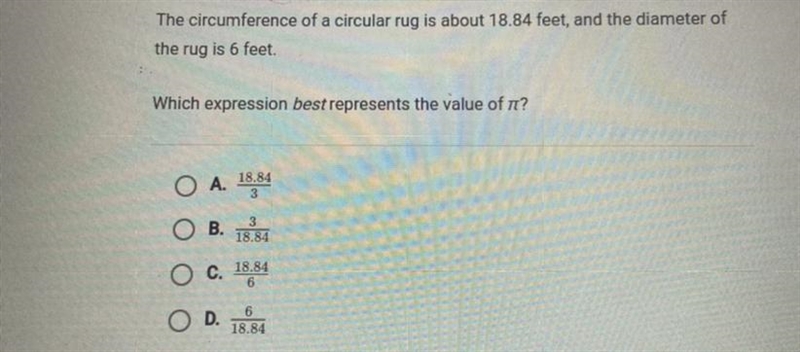 The circumference of a circular rug is about 18.84 feet, and the diameter ofthe rug-example-1