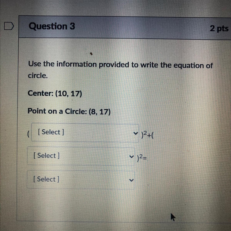 Use the information provided to write the equation of circle Center:(10,17)Point on-example-1