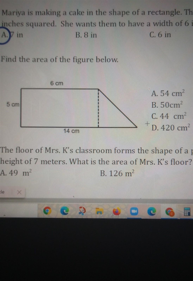 Find the area of the figure below. 6 cm 5 om A. 54 cm B. 50cm C. 44 cm D. 420 cm 14 cm-example-1