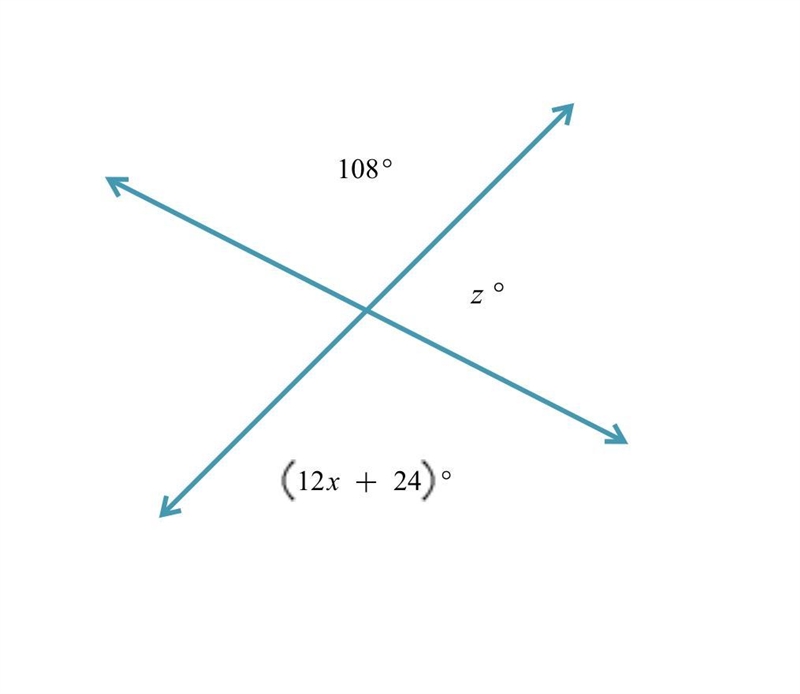 Given the figure below, find the values of x and z. 108 (12x+24)-example-1