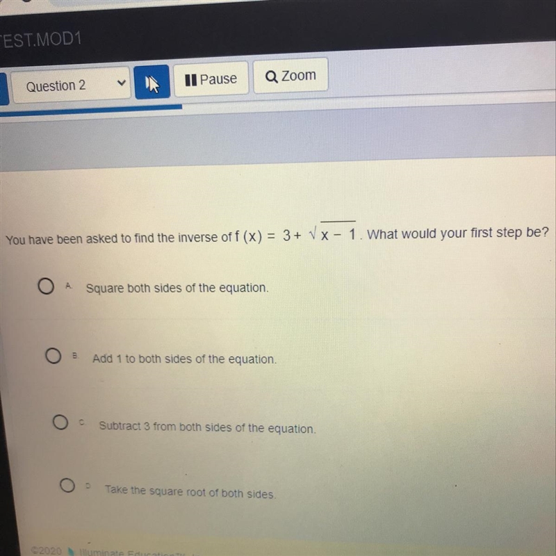 You have been asked to find the inverse off (x) = 3 + V X - 1. What would your first-example-1