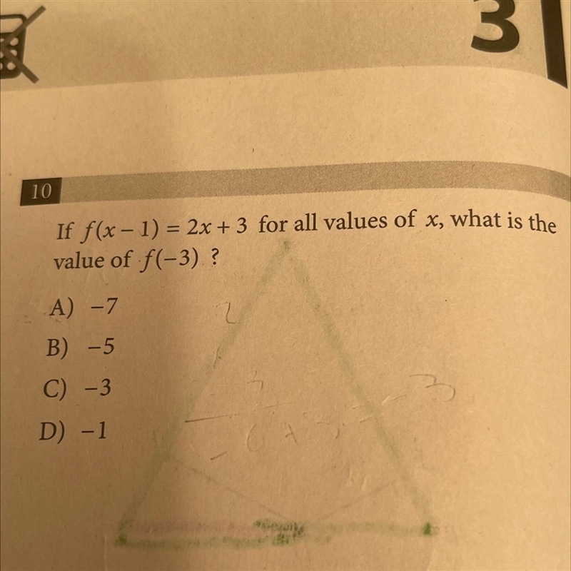 If f(x-1) = 2x+3 for all values of x, what is the value of f(-3)?-example-1