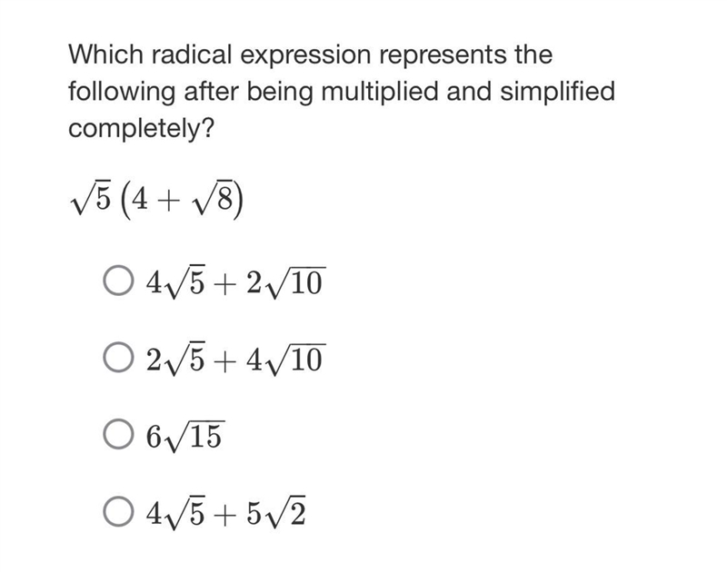 Which radical expression represents the following after being multiplied and simplified-example-1