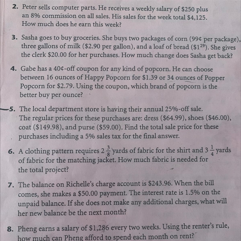 6.A Clothing pattern requires 2 3/8 yards of fabric for the shirt and 3 1/4 yards-example-1