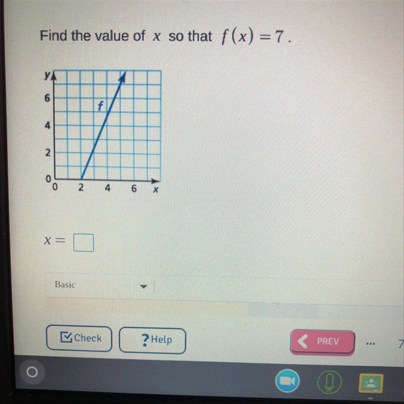 Find the value of x so that f(x) = 7.YA6f4200246XX =-example-1