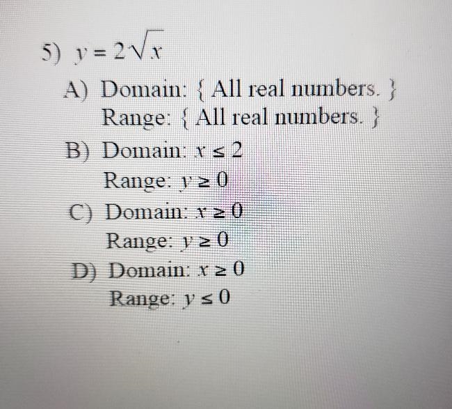 5) v= 2V A) Domain: { All real numbers. } Range: { All real numbers. } B) Domain: x-example-1