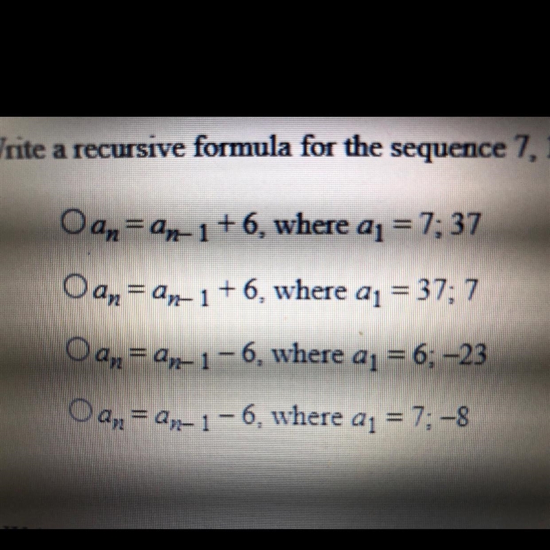 Write a recursive formula for the sequence 7, 13, 19, 25, 31… then find the next term-example-1