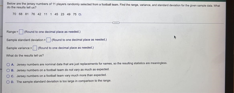 Below are the jersey numbers of 11 players randomly selected from a football team-example-1