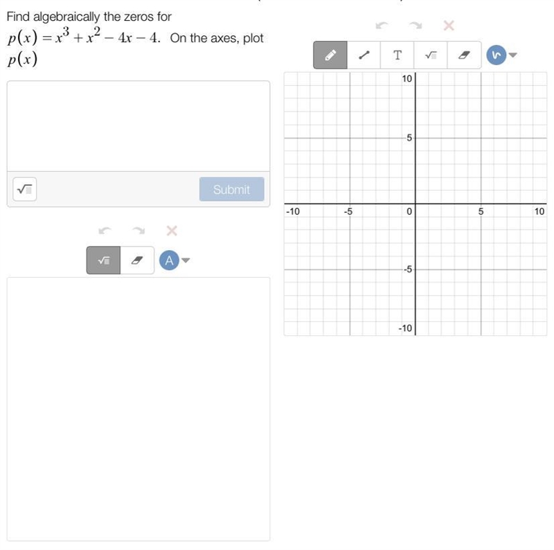 Find algebraically the zeros for p(x) = x^3 + x^2 - 4x - 4. On the axes plot p(x)-example-1