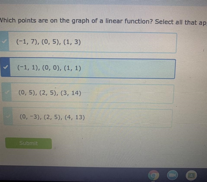 Which points are on the graph of a linear function? Select all that apply-example-1