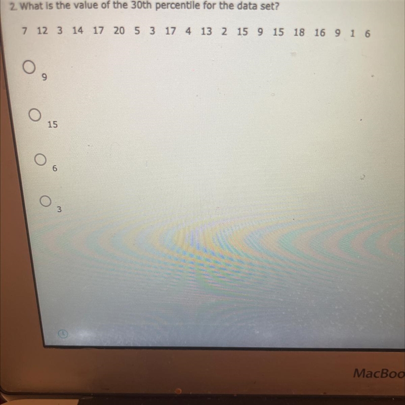 2. What is the value of the 30th percentile for the data set?7 12 3 14 17 20 5 3 17 4 13 2 15 9 15 18 16 9 1 69156-example-1