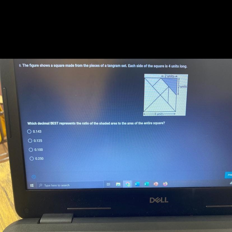 Which decimal best represents the ratio of the shaded area to the area of the entire-example-1