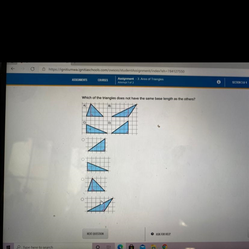 Which of the triangles does not have the same base length as the others?A)CD)7-example-1