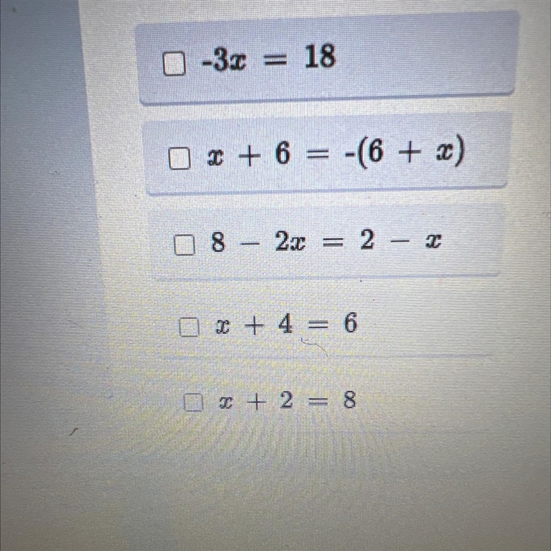 Which equations have a solution of 6? Choose ALL that are correct!-example-1