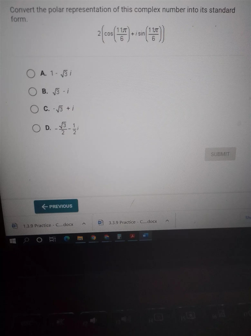 Convert the polar representation of this complex number into its standard form. 2 COS-example-1