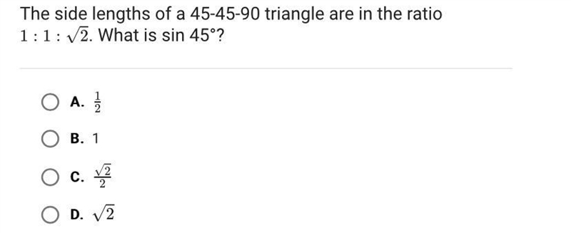 The side lengths of a 45-45-90 triangle are in the ratio-example-1