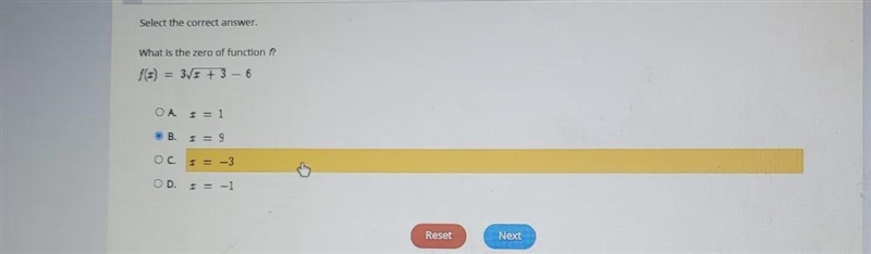 What is the zero of function ? = 3/5 + 3 - 6 OA = 1 B. . = 9 Oc. = -3 OD.-example-1