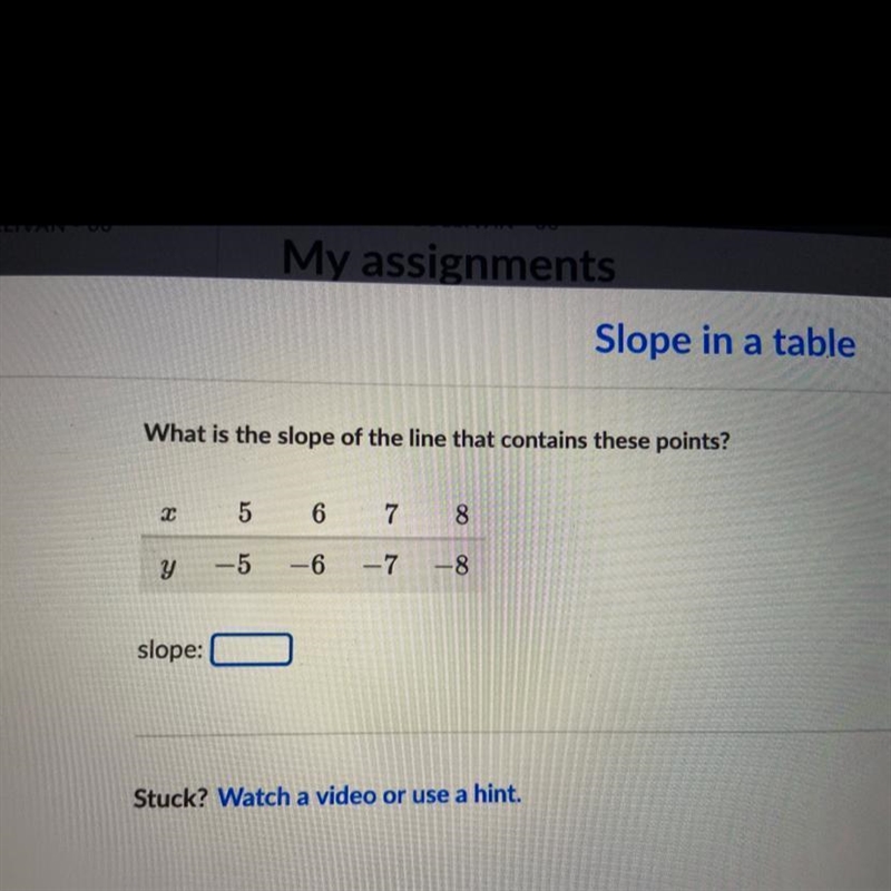 What is the slope of the line that contains these points?х: 5 6 7 8y: -5 -6 -7 -8-example-1