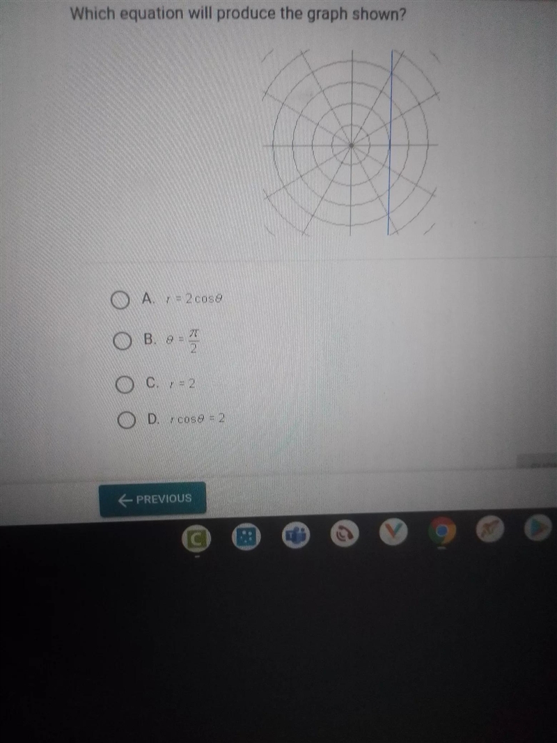 Which equation will produce the graph shown? O A. r = 2 cose O B. 0-1 9 2 OC. = 2 y-example-1