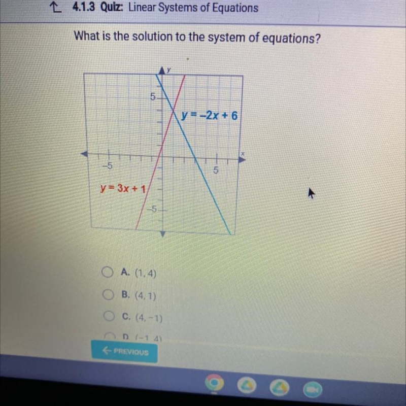 What is the solution to the system of equations? OA. (1,4) OB. (4,1) OC. (4, -1) OD-example-1