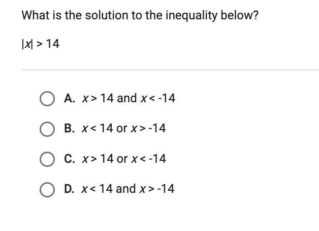 PLEASE HELP ASAP ! What is the solution to the inequality below? |x| > 14-example-1