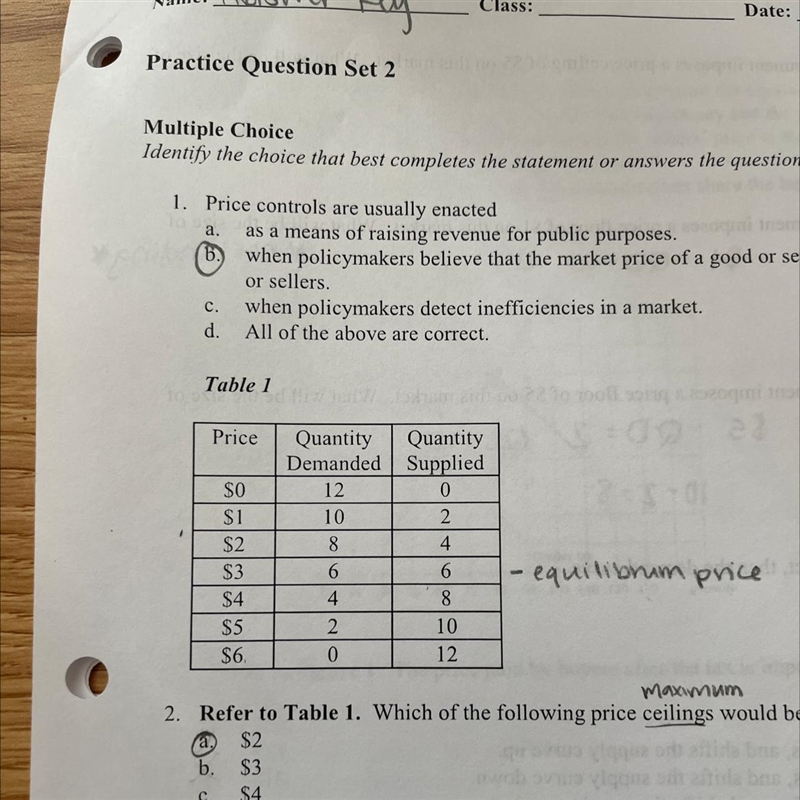 3. Refer to Table 1. Which of the following price floors would be binding in this-example-1