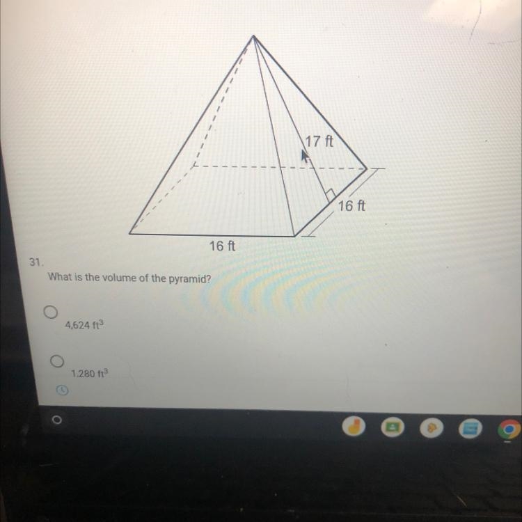 31.16 ftWhat is the volume of the pyramid?17 ft16 ft-example-1