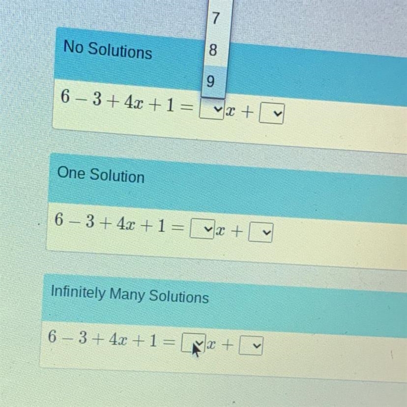 Fill in the gap for the given equation to have:No solutionsOne solutionInfinitely-example-1