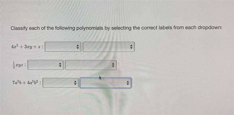 Classify each of the following polynomials by selecting the correct labels from each-example-1